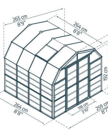 Grand Gardener 8' x 8' Greenhouse - Green Aluminium Frame & Hybrid Polycarbonate Panels