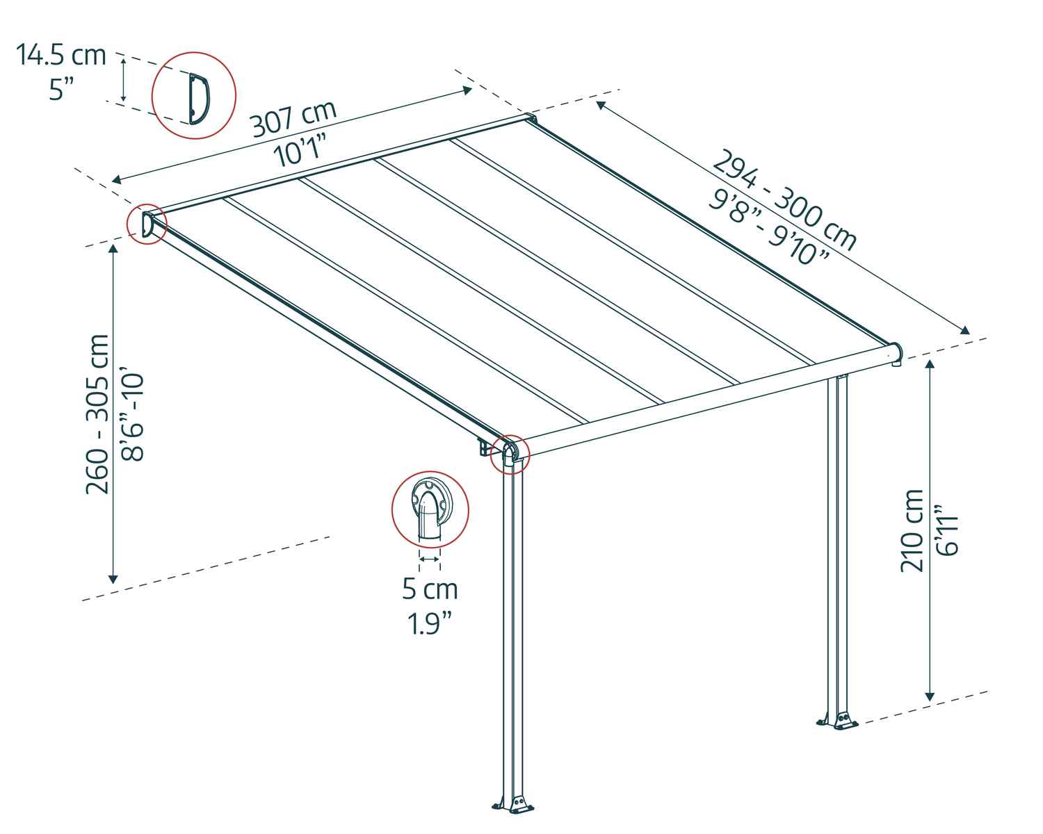 Olympia Patio Cover 3m x 3m - Grey Aluminium Frame & Clear Polycarbonate