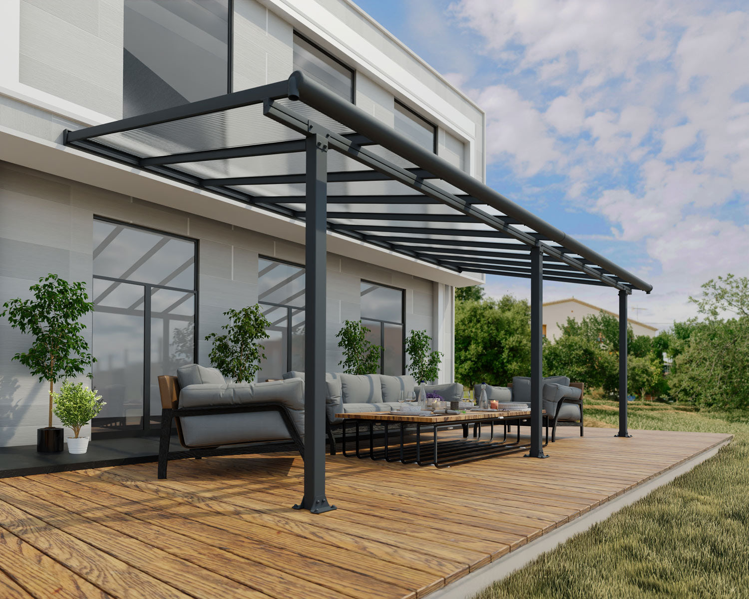 Olympia Patio Cover 3m x 6.2m - White Aluminium Frame & Clear Polycarbonate