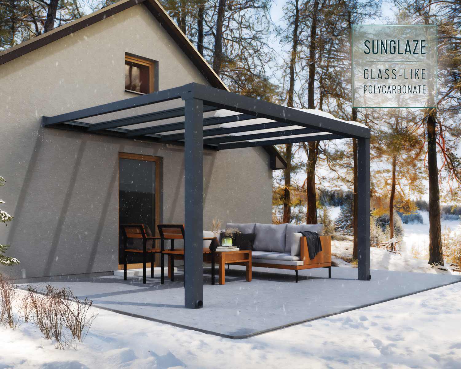 Stockholm Patio Cover 3.4m x 3.7m - Grey Aluminium Frame & Clear Polycarbonate