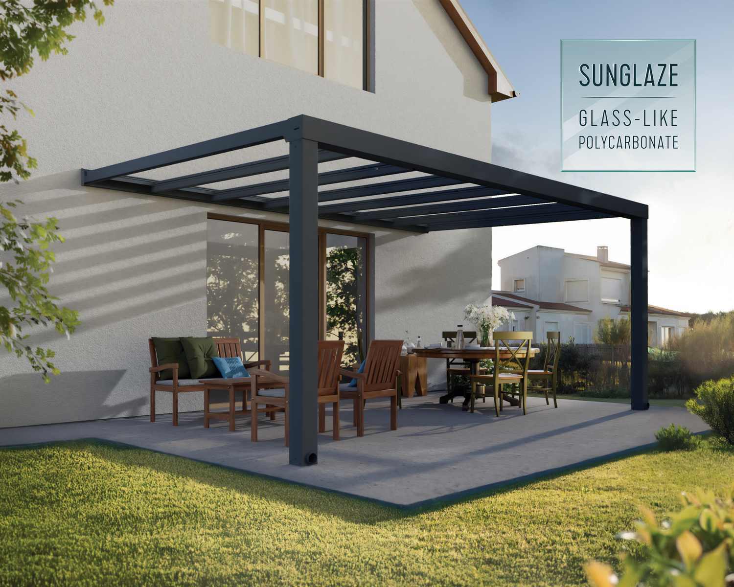 Stockholm Patio Cover 3.4m x 5.2m - Grey Aluminium Frame & Clear Polycarbonate