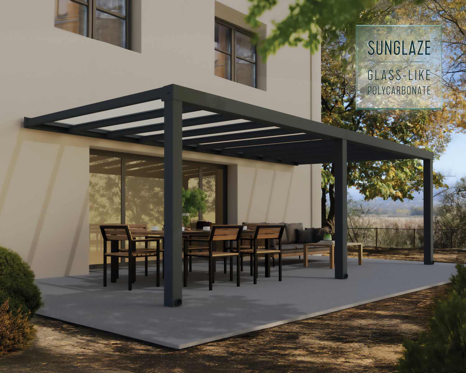 Stockholm Patio Cover 3.4m x 7.3m - Grey Aluminium Frame & Clear Polycarbonate
