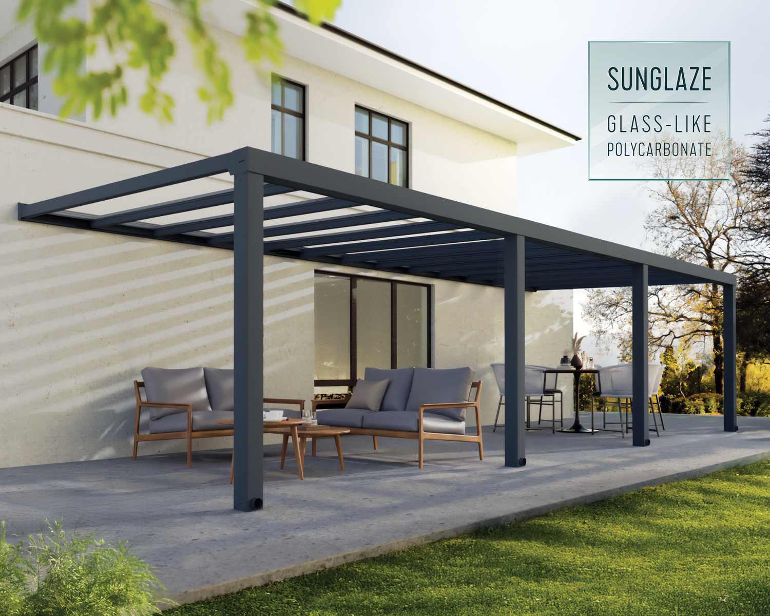 Stockholm Patio Cover 3.4m x 9.5m - Grey Aluminium Frame & Clear Polycarbonate